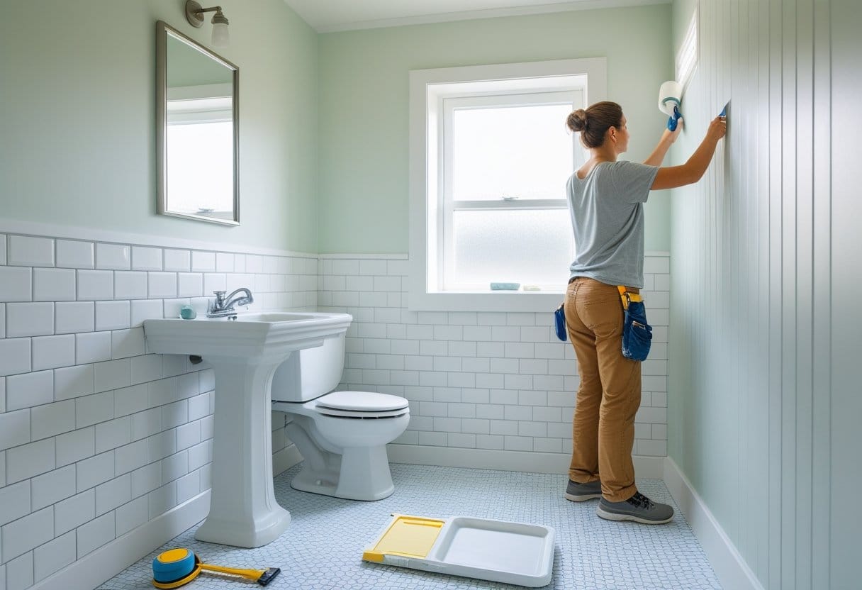 A small bathroom being renovated with tools and a person painting a wall.