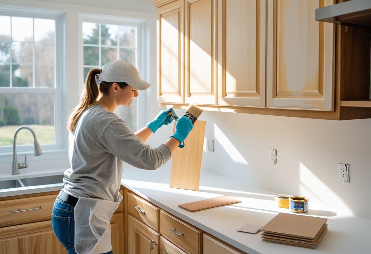Person applying paint to kitchen cabinet doors in a bright kitchen with tools on the countertop.