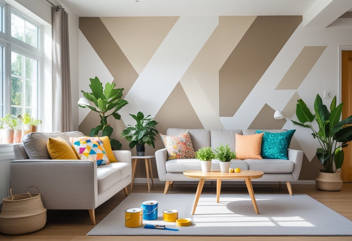 Living room with a geometric patterned accent wall, sofa with pillows, coffee table with plants, and painting supplies nearby.