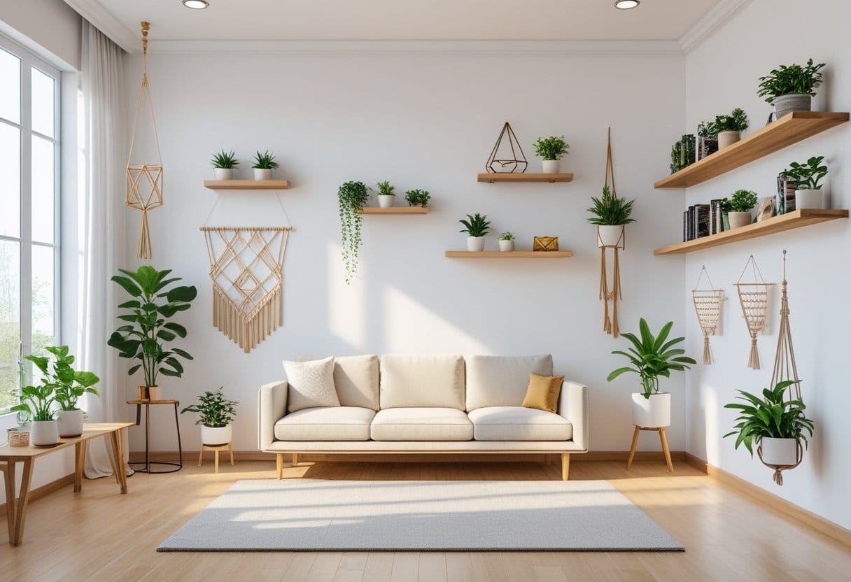 A modern living room with blank walls decorated using shelves, plants, textured panels, and hanging planters, featuring a cozy seating area and natural light.