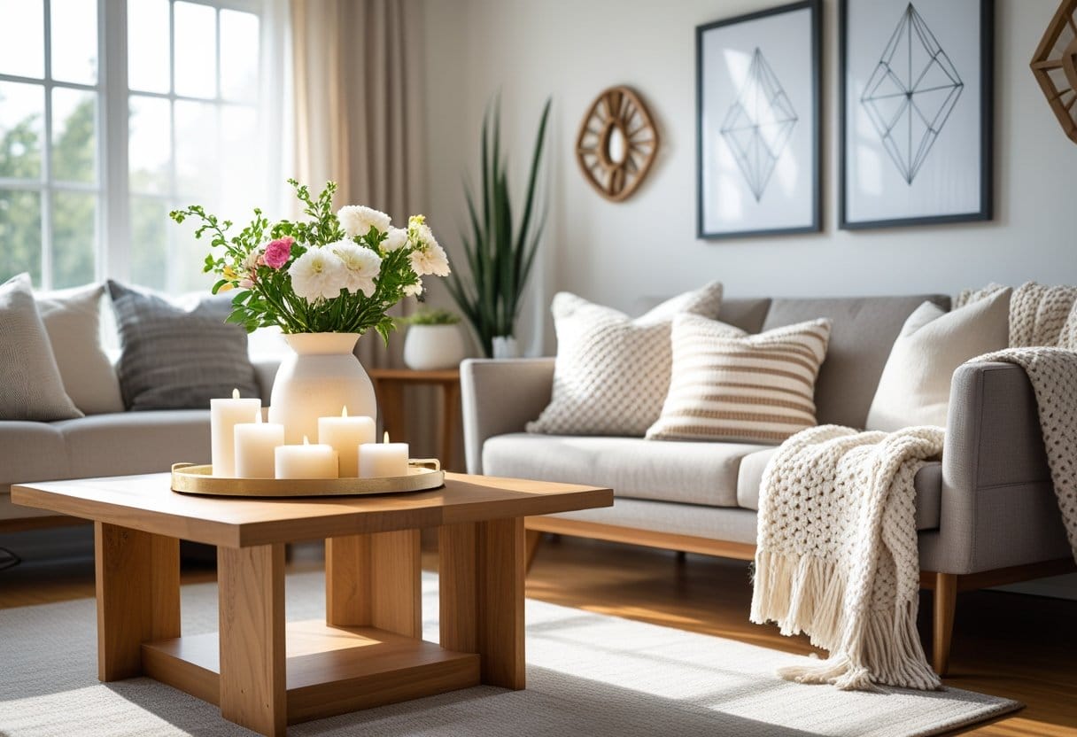 A living room with a wooden coffee table, handmade vase with flowers, candles on a tray, framed art on the wall, and a sofa with pillows and a blanket.