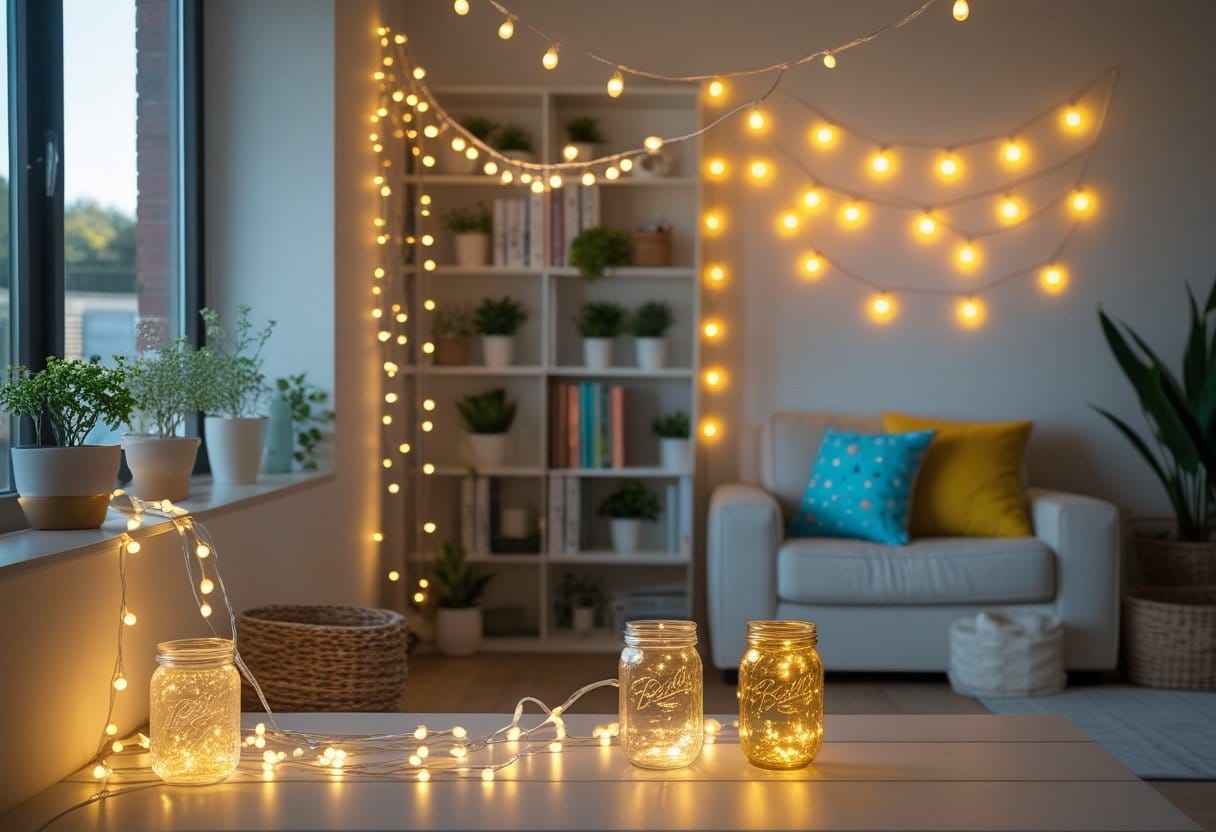 A cozy living room corner with handmade string lights, a mason jar lamp, and paper lanterns creating warm, inviting lighting around bookshelves and furniture.