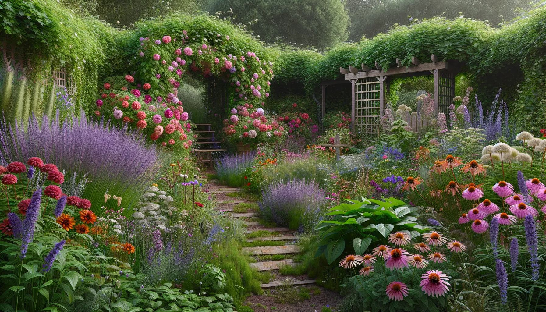 A lush garden with blooming flowers, stone path, wooden benches, and trellises covered in green vines and pink roses.
