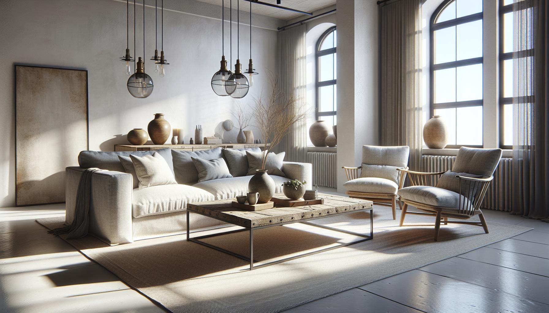 A bright, minimalist living room with neutral-toned furniture, large windows, a wooden coffee table, and decorative pottery on display.
