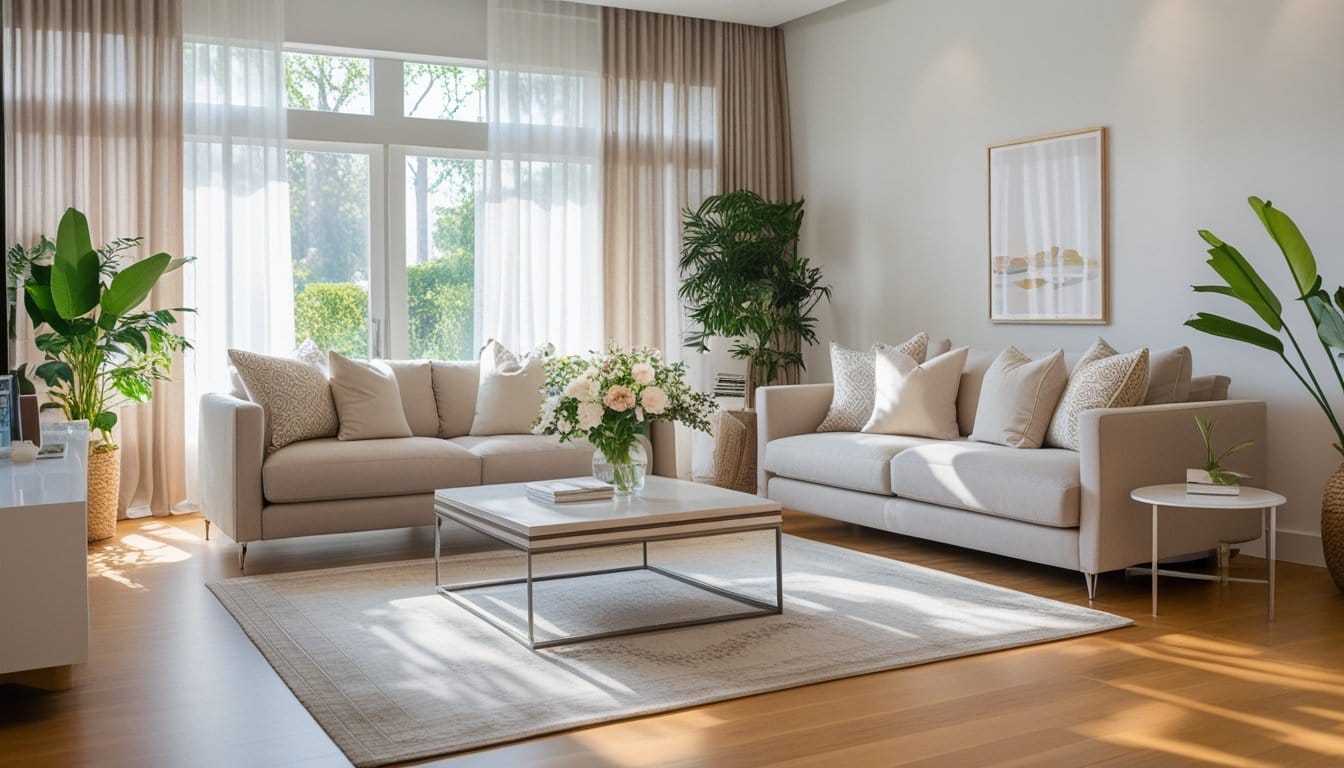 A bright living room with a sofa, coffee table, plants, and large windows letting in natural light.