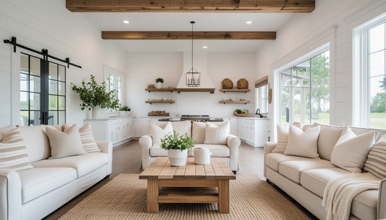 A bright living room with white walls, wooden beams, neutral sofas, a wooden coffee table, and a kitchen with white cabinets and open shelves.