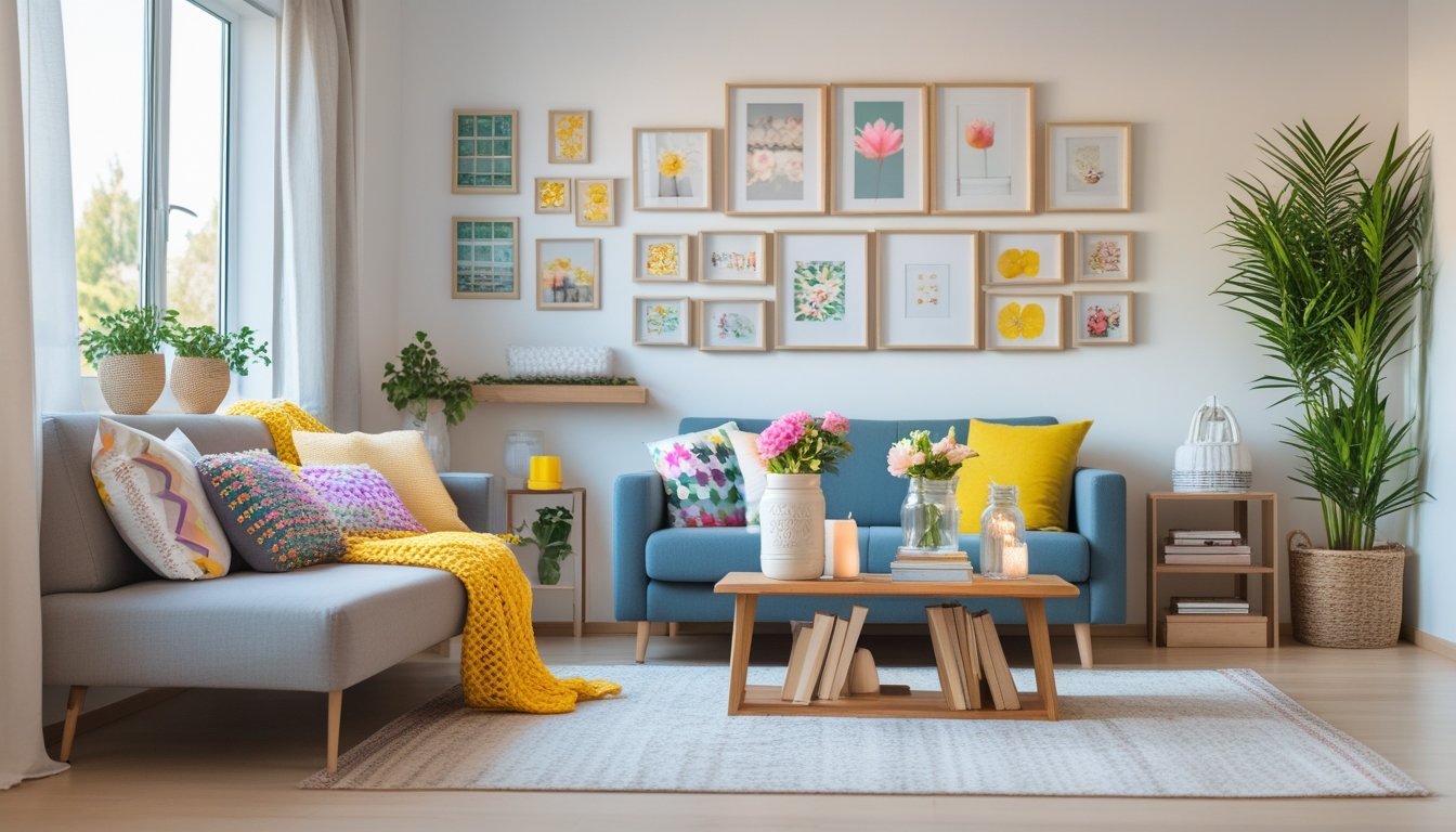 A cozy living room with a sofa, colorful pillows, a wooden coffee table with flowers and books, framed art on the wall, and a tall green plant near a window.