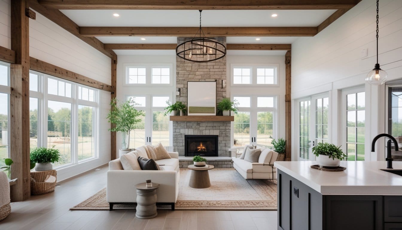 A bright open living room with wooden beams, a stone fireplace, modern furniture, and large windows letting in natural light.