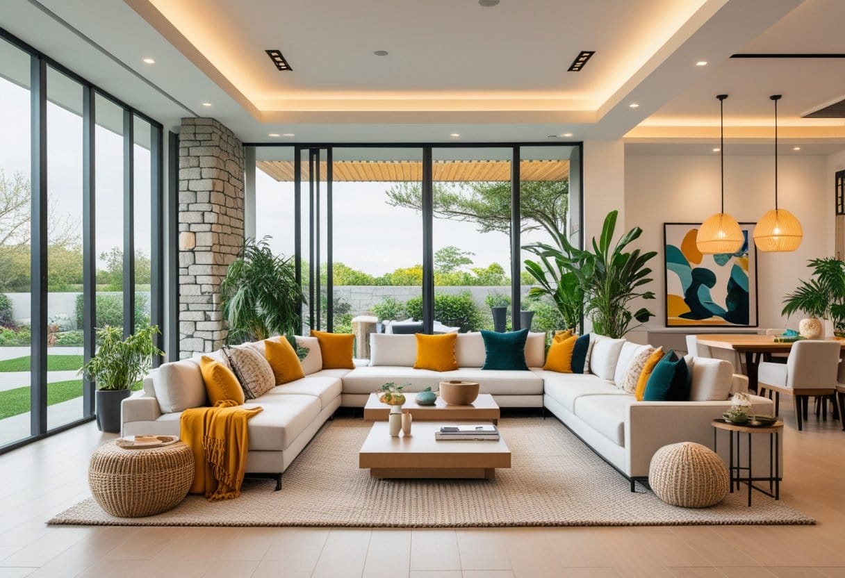 A modern living room with large windows, natural materials, indoor plants, and stylish furniture arranged in an open, bright space.