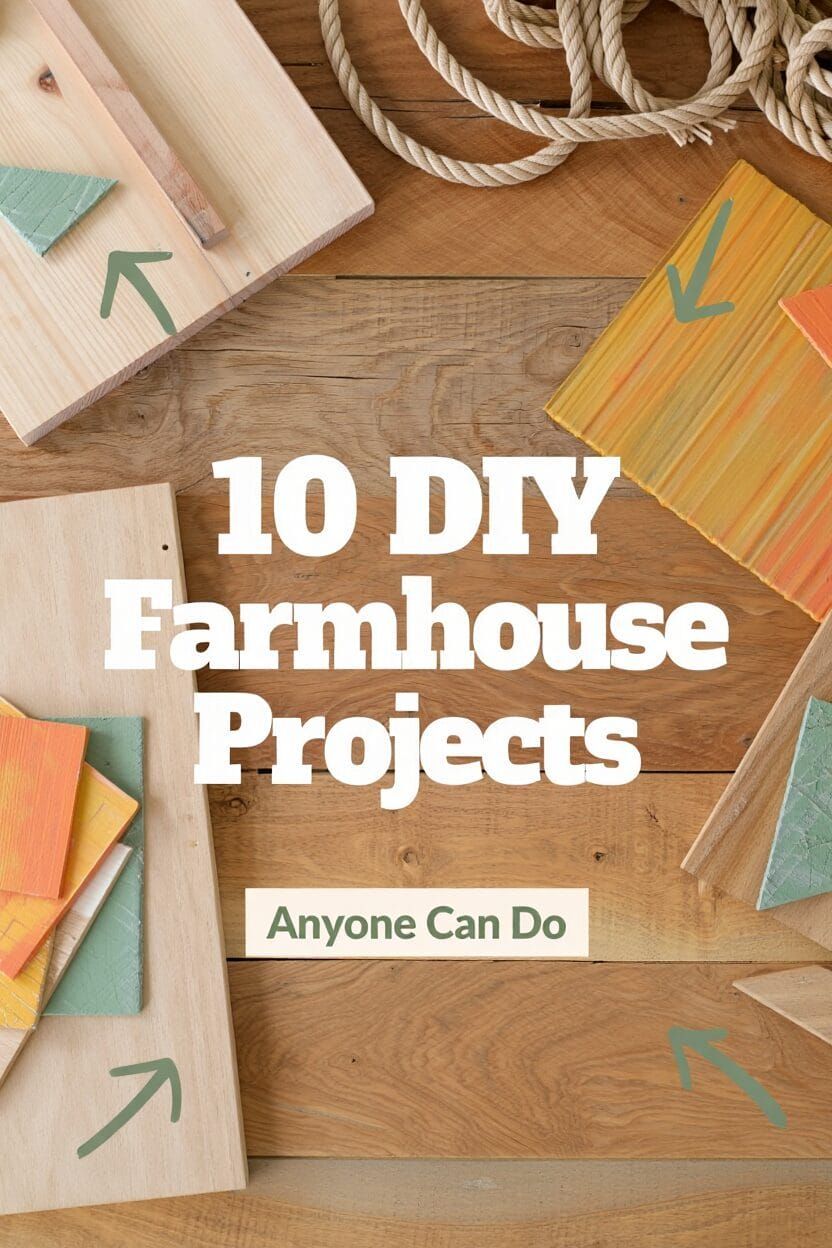 Wooden boards, colorful paint samples, and ropes on a table with text overlay: "10 DIY Farmhouse Projects Anyone Can Do.