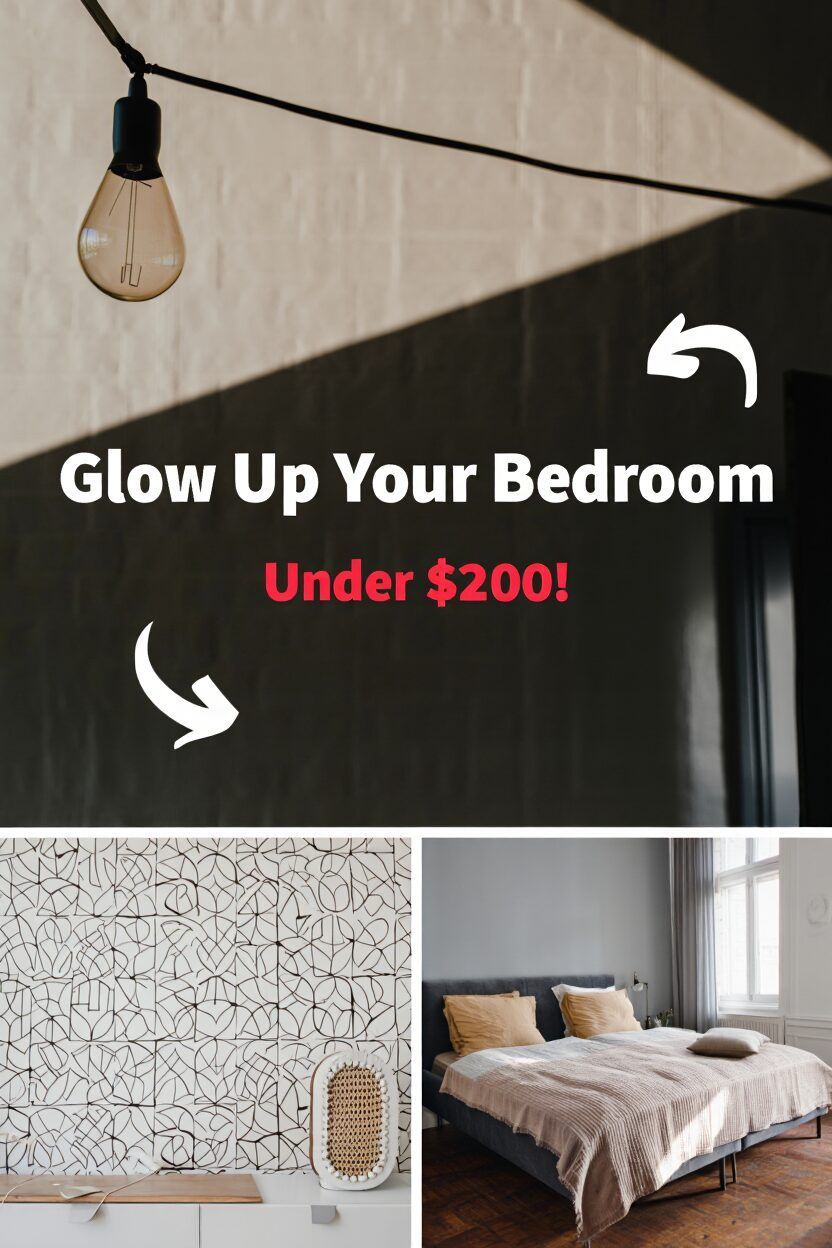 Minimalist bedroom makeover with a hanging bulb, modern wall art, and cozy bed, highlighting a design upgrade for under $200.