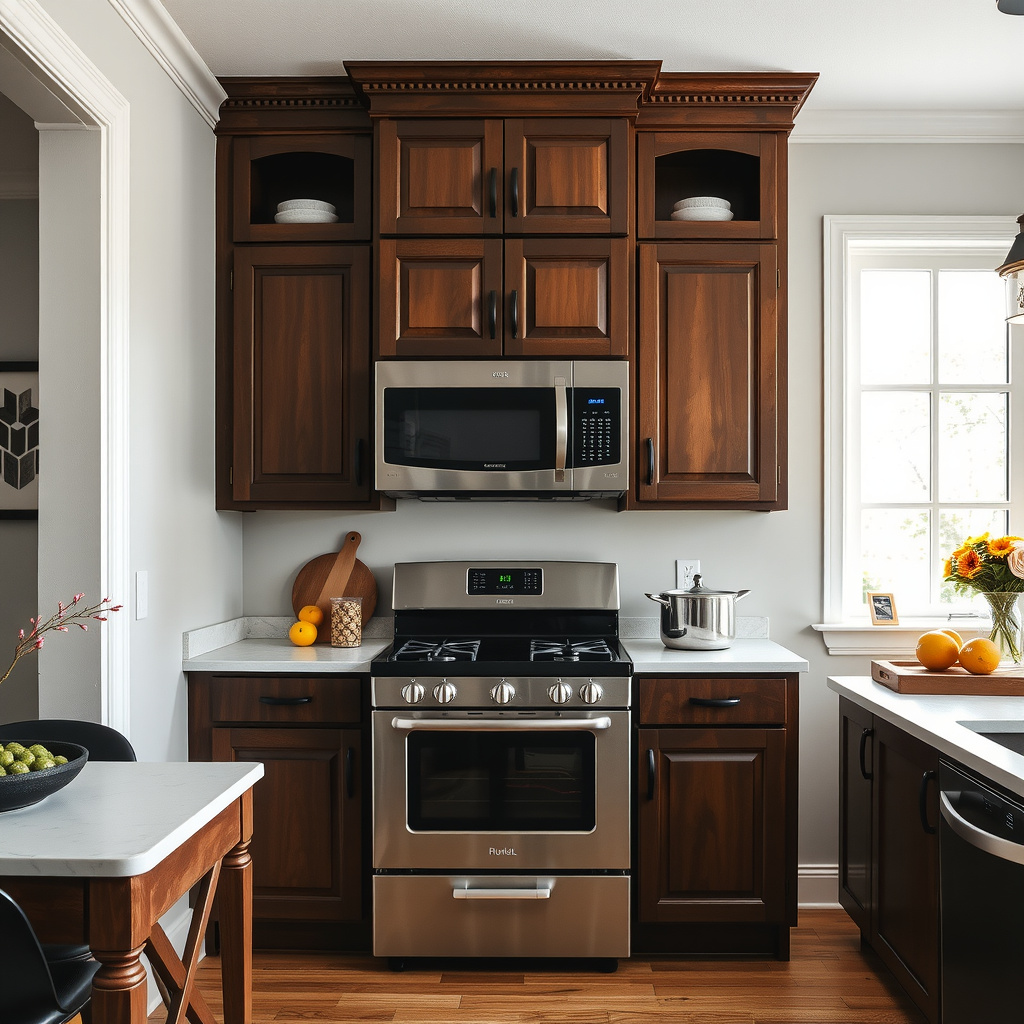 A modern kitchen with dark wooden cabinets, a stainless steel stove and microwave, and white countertops. A window lets in natural light; fruit and flowers decorate the space.