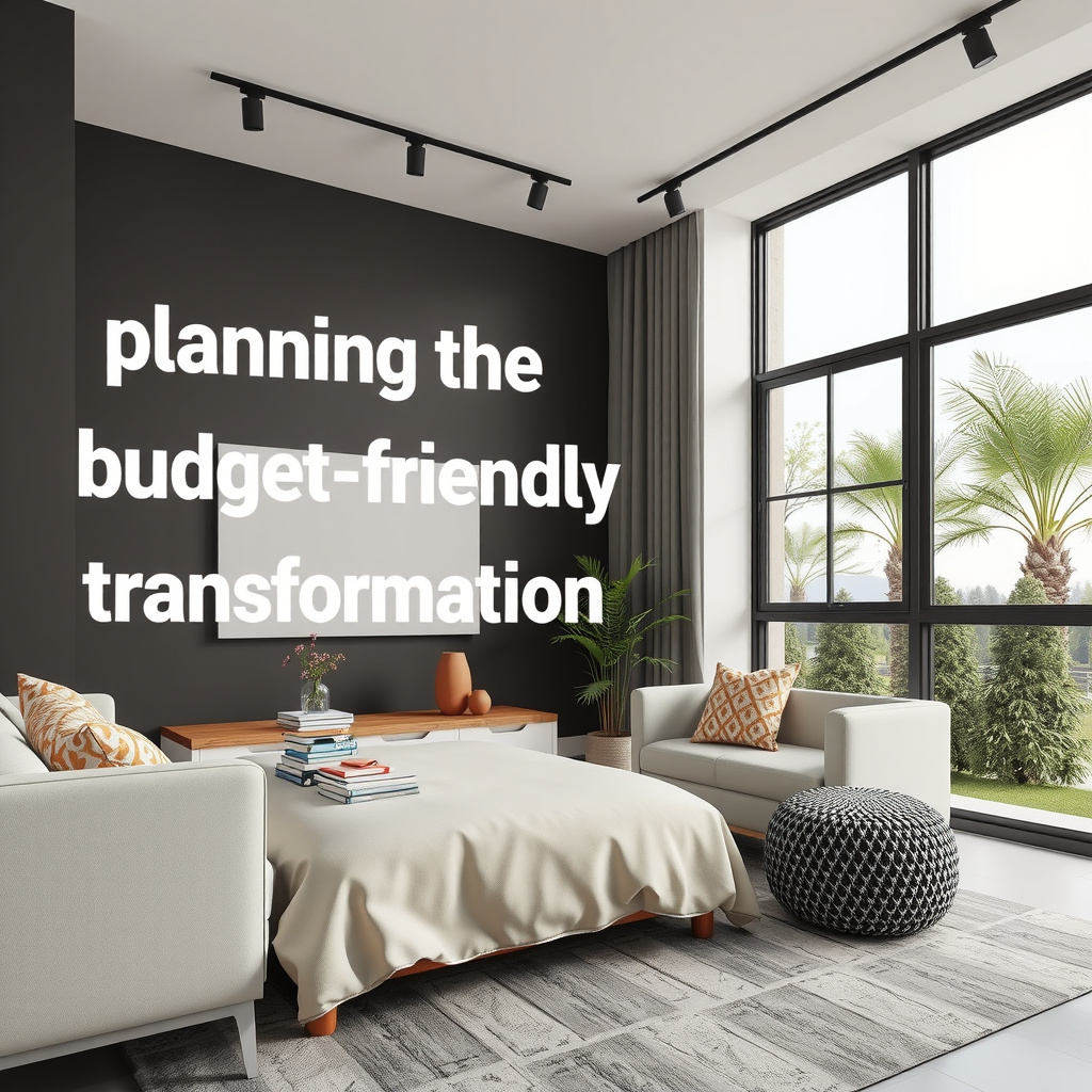 Modern living room with neutral furniture, large windows, palm trees outside, and text on the wall reading “planning the budget-friendly transformation.”.