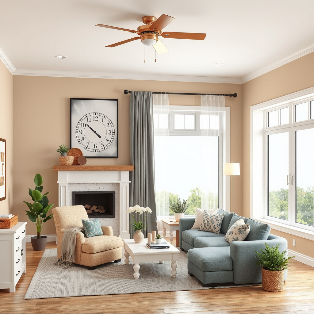 A bright living room with a large window, clock above a white fireplace, armchair, sectional sofa, coffee table, plants, and ceiling fan.