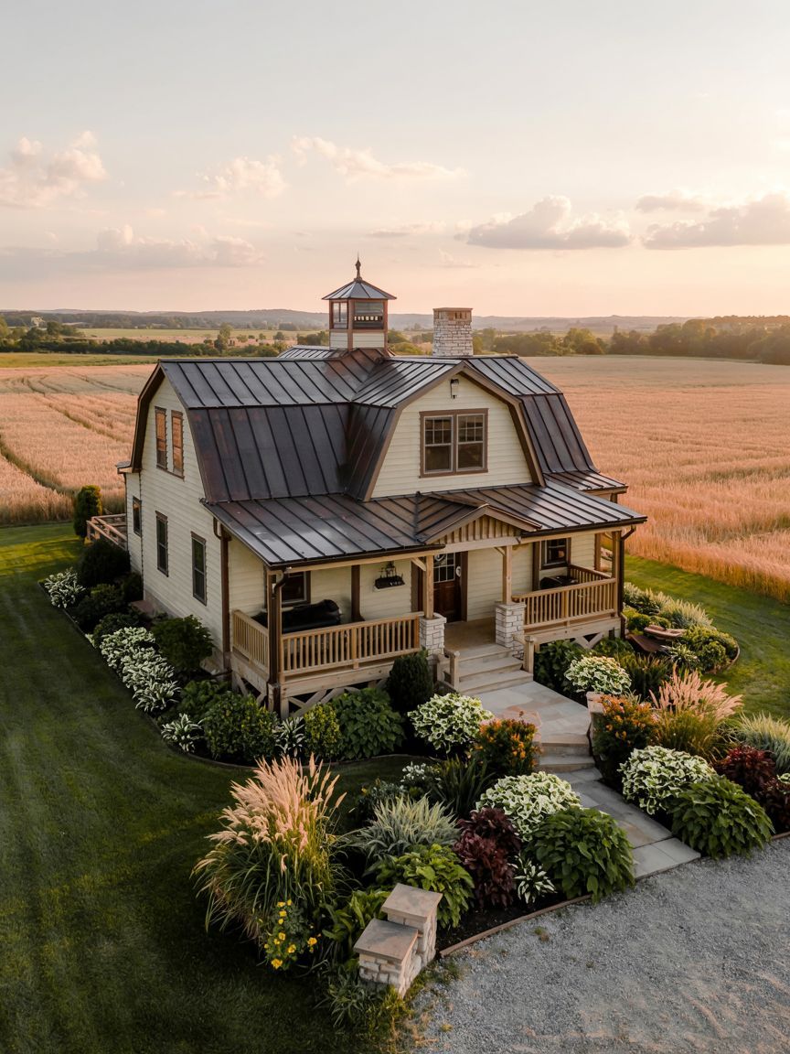 A two-story farmhouse with a metal roof and cupola sits amid landscaped gardens, surrounded by fields under a clear sky at sunset.