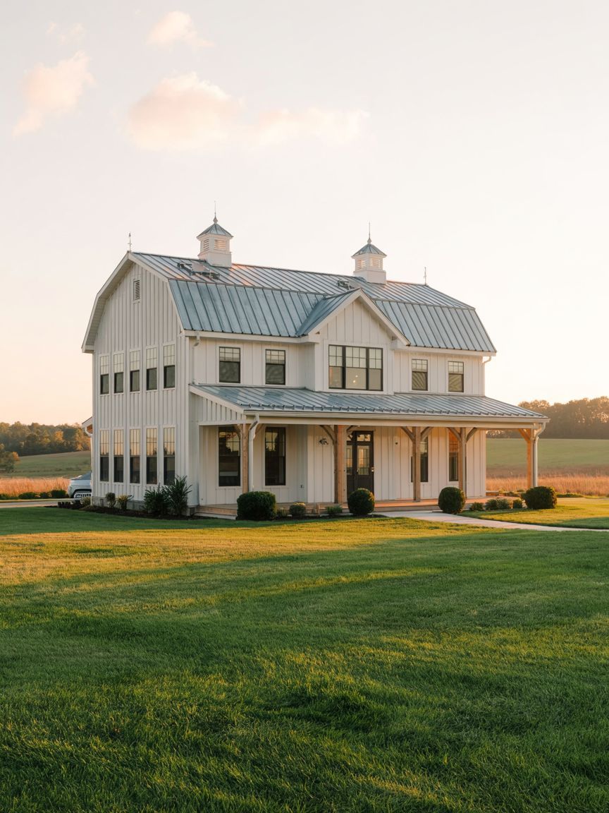 A modern farmhouse with a metal roof, large covered porch, and white vertical siding, set on a green lawn at sunset.