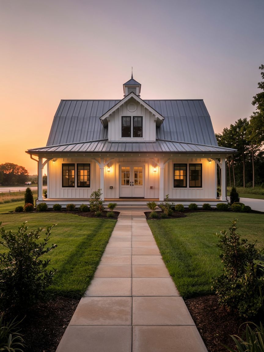 A modern farmhouse with white siding, a metal roof, and wraparound porch is shown at sunset, with a path leading through a manicured lawn to the front door.