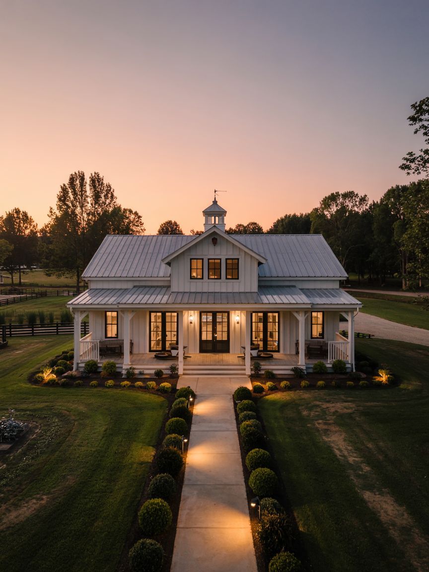 A white farmhouse with a metal roof and large porch is lit up at dusk, surrounded by manicured lawns and trees, with a straight walkway leading to the front door.