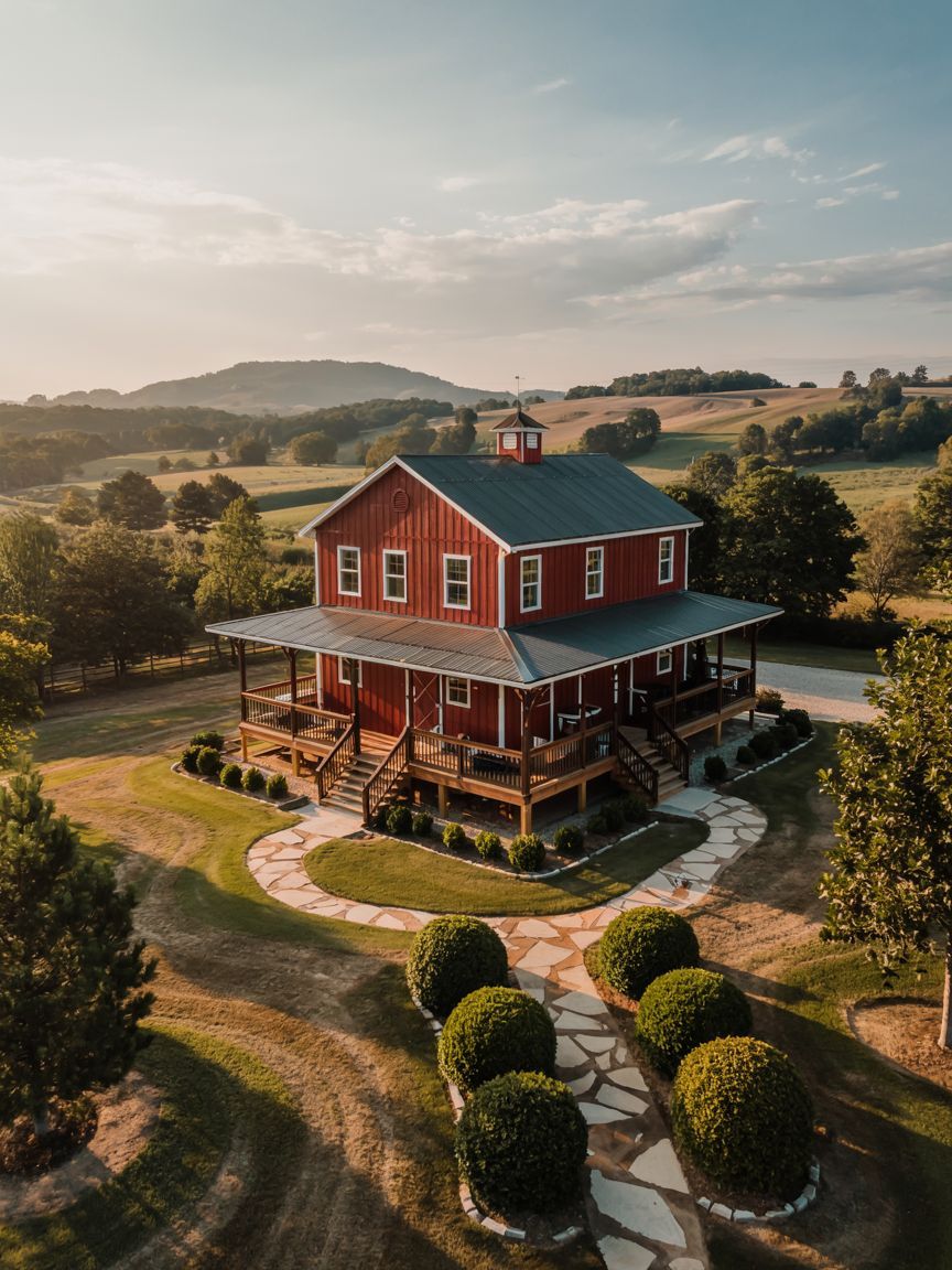 A red two-story farmhouse with a wraparound porch is surrounded by a landscaped yard and stone pathways, set in a rural countryside with rolling hills in the background.
