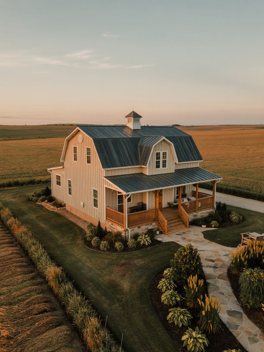 A white farmhouse with a metal roof and front porch sits surrounded by fields and a stone walkway during sunset.