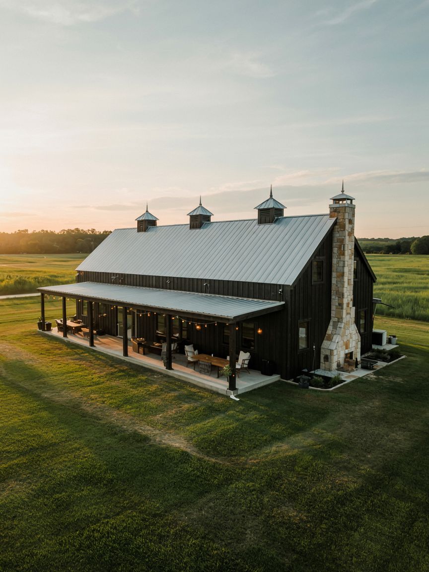 A modern barn-style building with a metal roof, stone chimney, covered porch, and cupolas, set in a grassy rural landscape at sunset.