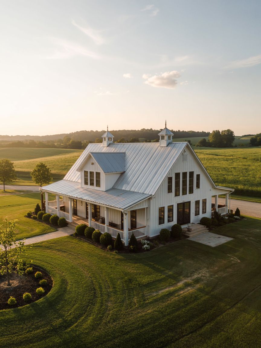 A white farmhouse-style building with a metal roof sits on a manicured lawn, surrounded by fields under a clear sky at sunset.