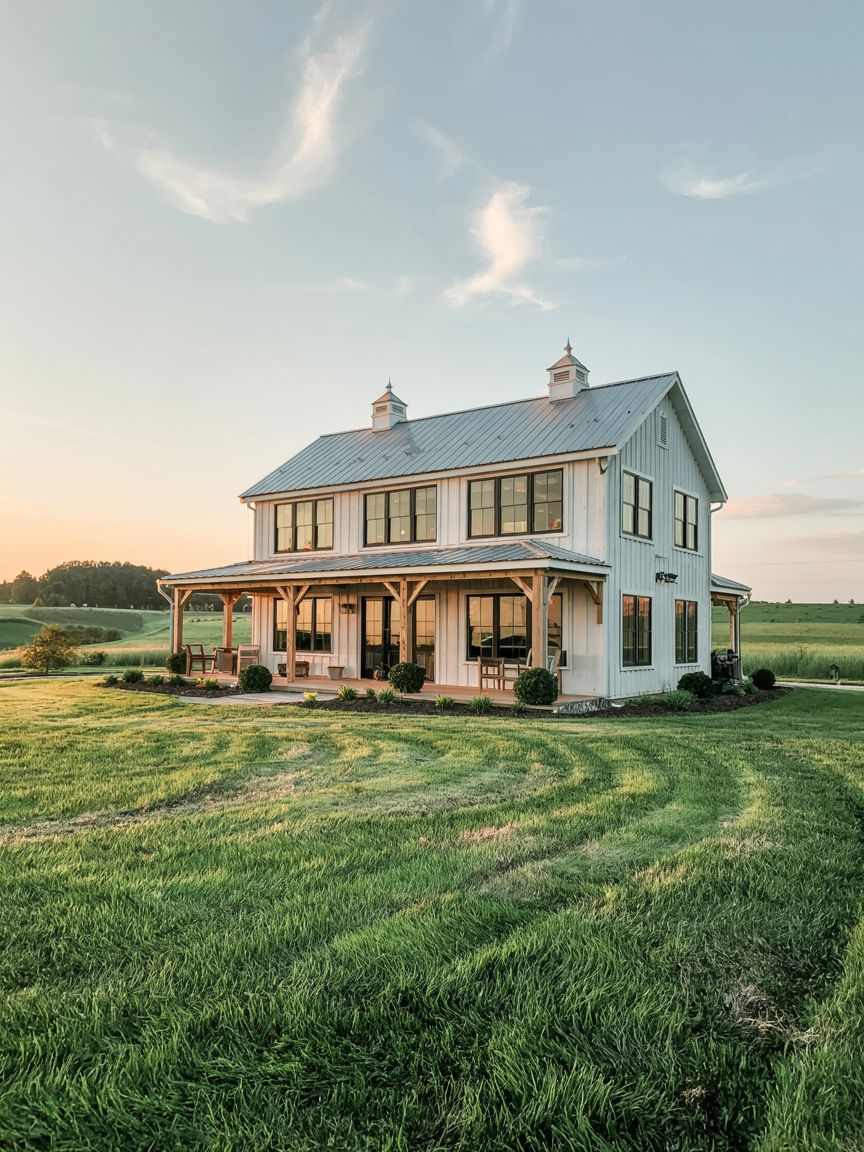 A white two-story farmhouse with a metal roof and front porch sits on a lawn surrounded by open fields under a partly cloudy sky at sunset.
