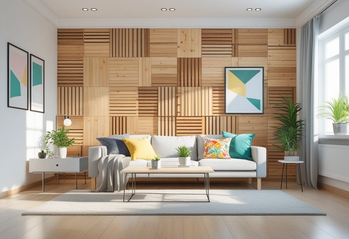 A living room with a wooden geometric accent wall, a gray sofa, coffee table, and natural light coming through a window.