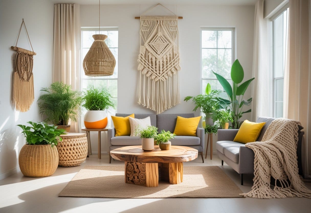 A bright living room featuring five handmade home decor items including a wooden coffee table, macrame wall hanging, ceramic planters with plants, a knitted throw on a sofa, and a natural material pendant light.