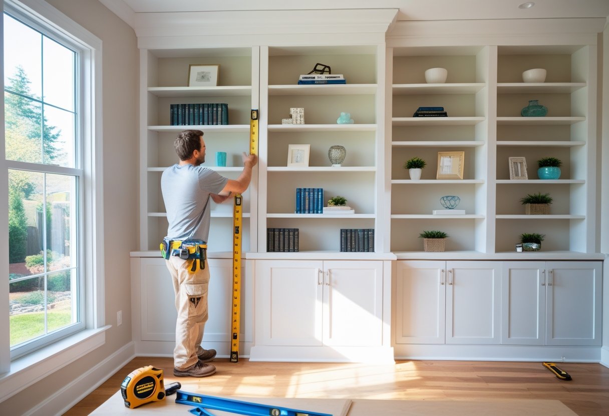 A man uses a level tool to check the alignment of shelves on built-in white bookcases in a bright, modern living room. Tools and decor are visible around him.