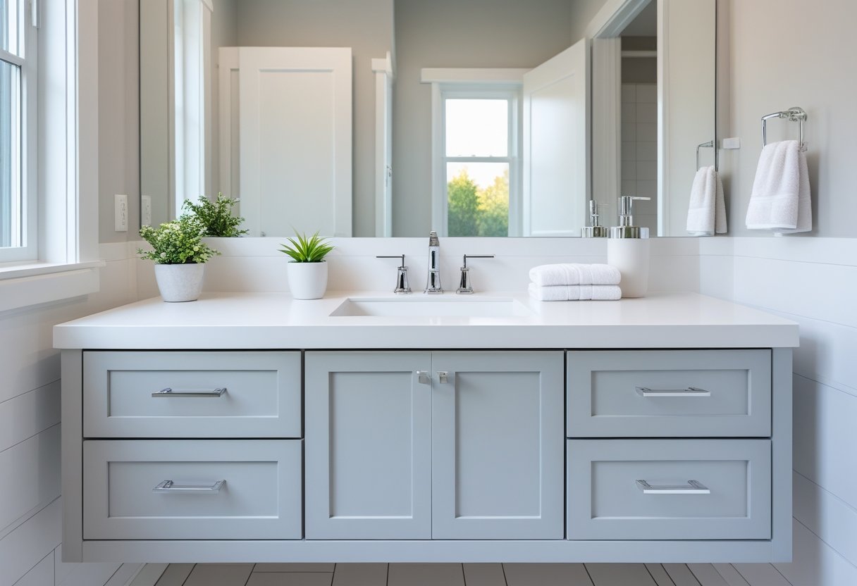 Modern bathroom vanity with light gray cabinets, a white countertop, chrome fixtures, two potted plants, soap dispenser, stacked white towels, and wall-mounted hand towels.