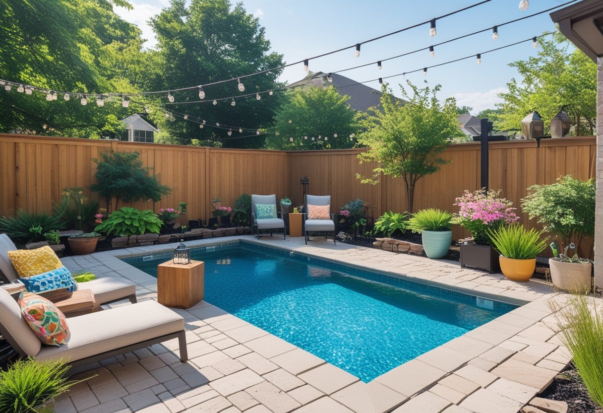 A small backyard pool surrounded by lounge chairs, potted plants, and string lights, enclosed by a wooden fence with trees and shrubs along the perimeter.