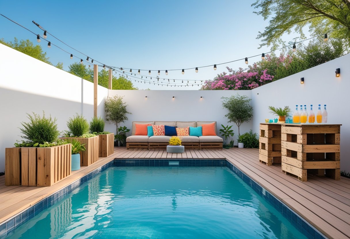 A modern backyard with a small pool, wooden decking, potted plants, a light-colored outdoor sofa with colorful pillows, string lights, and a wooden bar with drinks.