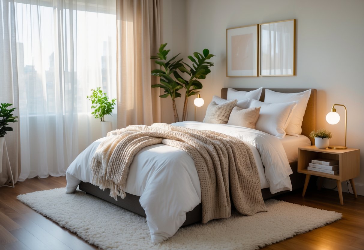 A modern bedroom with a neatly made bed, beige and white bedding, bedside tables with lamps, two framed pictures, potted plants, and large windows letting in natural light.