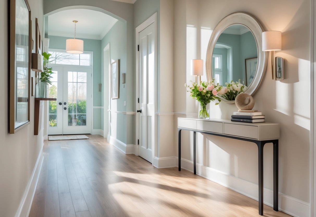 A bright hallway with light wood floors, pastel walls, a console table with books, a round mirror, a vase of flowers, and wall sconces, leading to a glass front door.