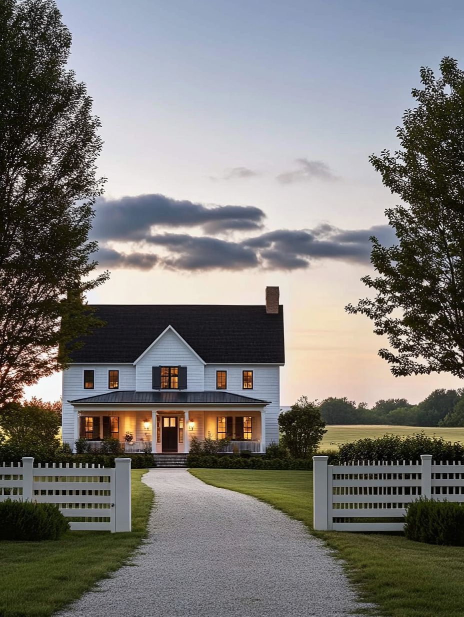 A two-story white house with a porch, lit windows, and a gravel driveway, framed by trees and a white picket fence at sunset.