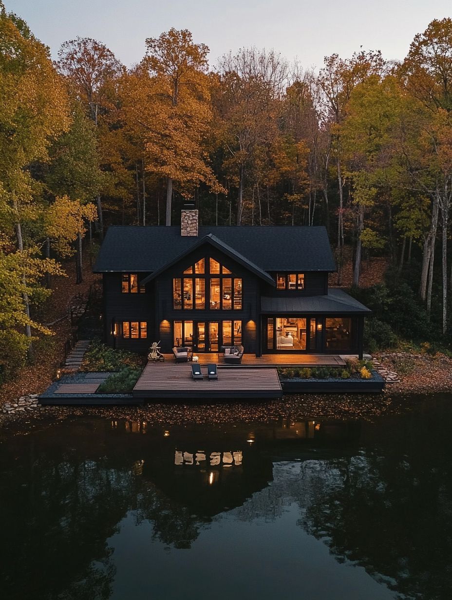 A modern two-story house with large windows and a deck sits by a calm lake, surrounded by autumn trees with orange and green foliage.