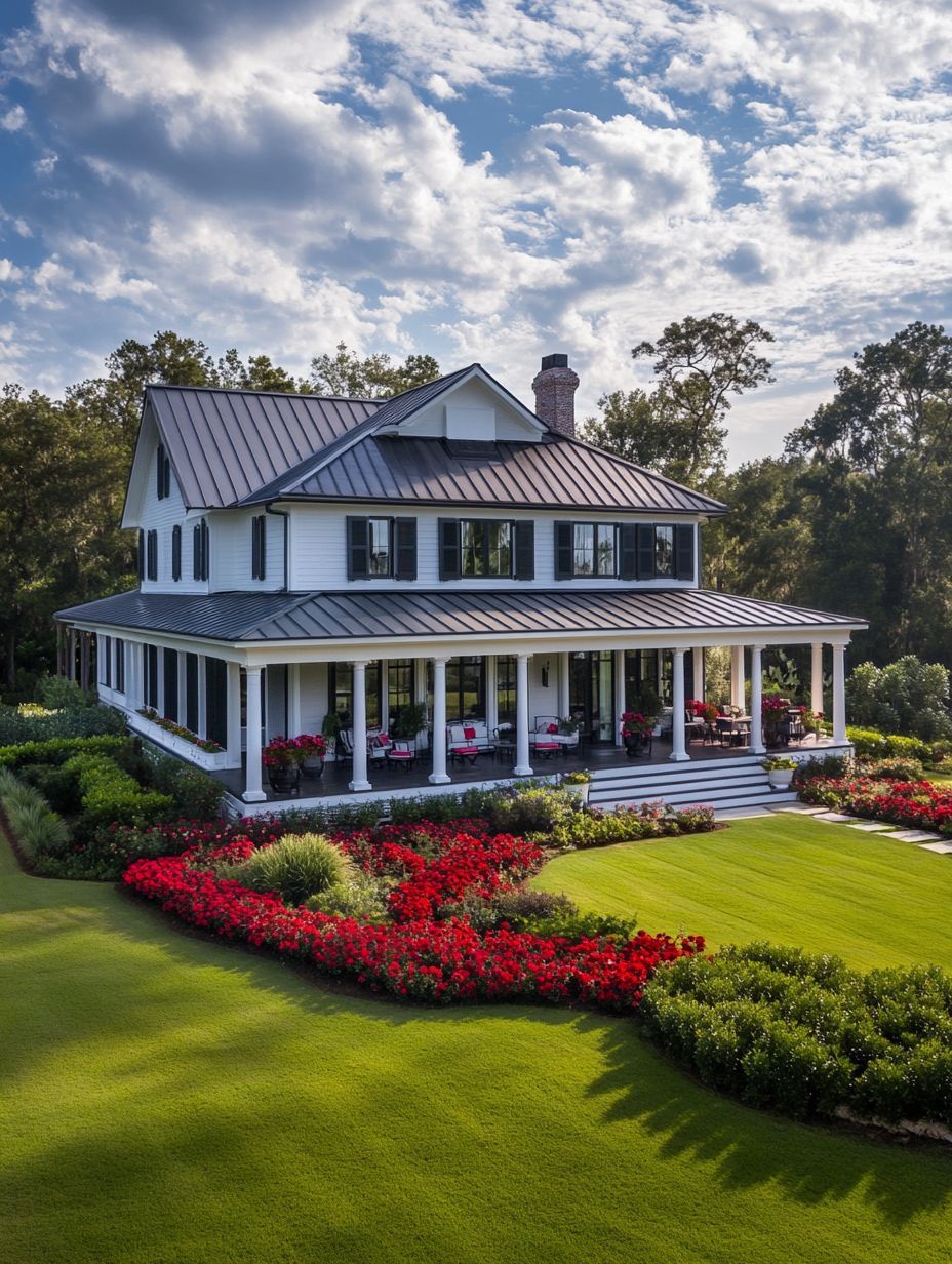 A large white two-story house with a metal roof, wraparound porch, and manicured lawn, surrounded by red flowers and green shrubs under a partly cloudy sky.
