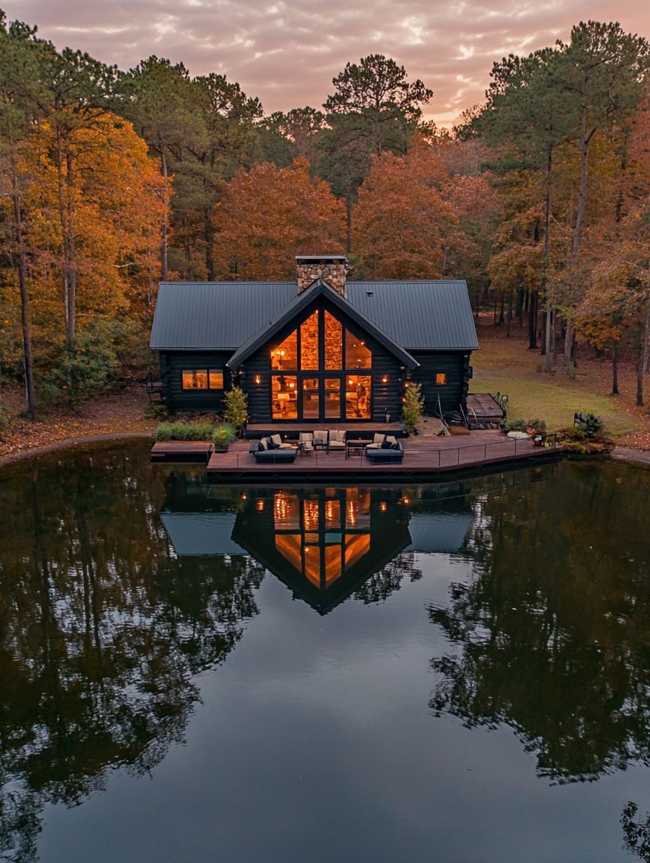 A dark wood cabin with large windows sits by a calm pond, reflecting its lights and the surrounding autumn trees at sunset.