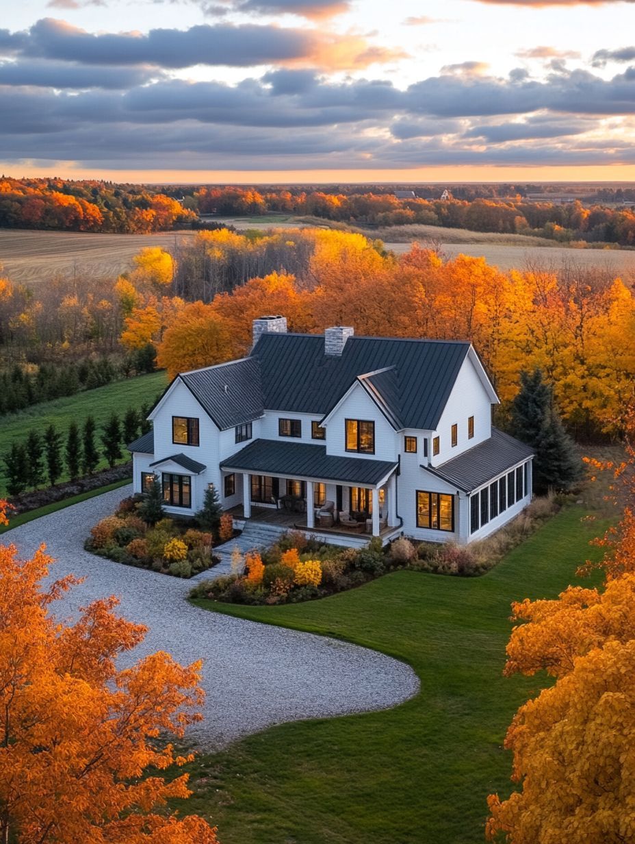 A white two-story farmhouse with black roof sits among vibrant autumn trees, surrounded by green lawns and a gravel driveway, under a partly cloudy sky at sunset.