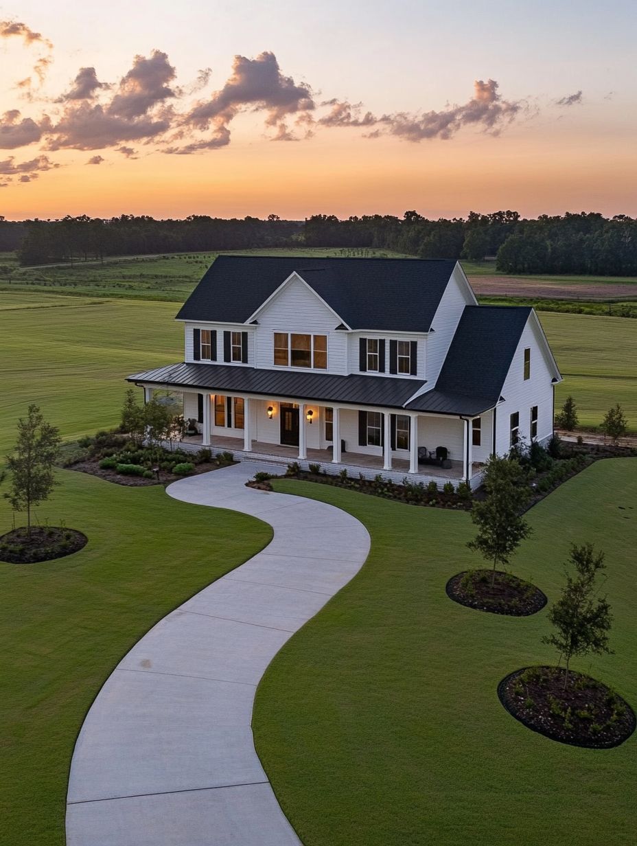 Two-story white house with a black roof, wide front porch, and curved driveway, surrounded by green lawn and landscaping at sunset.