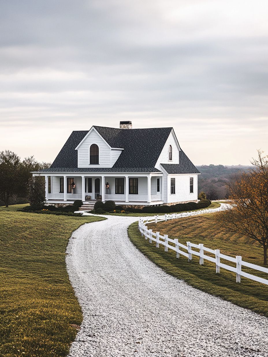 A white house with a dark roof sits on a grassy hill, accessed by a winding gravel driveway lined with a white fence, under a cloudy sky.