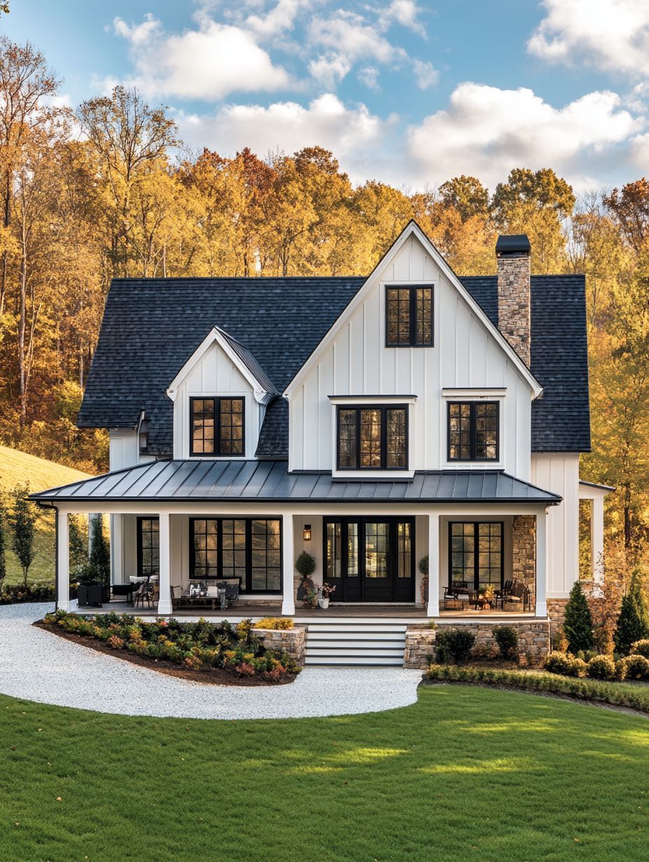 A two-story modern farmhouse with white siding, black trim, a dark roof, wraparound porch, and landscaped front yard, set against a backdrop of autumn trees.