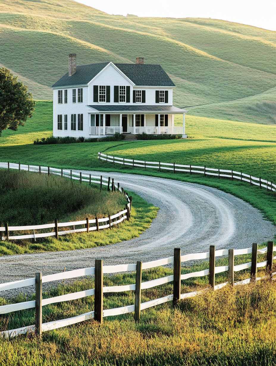A white two-story house with black shutters sits on a green hillside, fronted by a winding gravel road and white wooden fences.