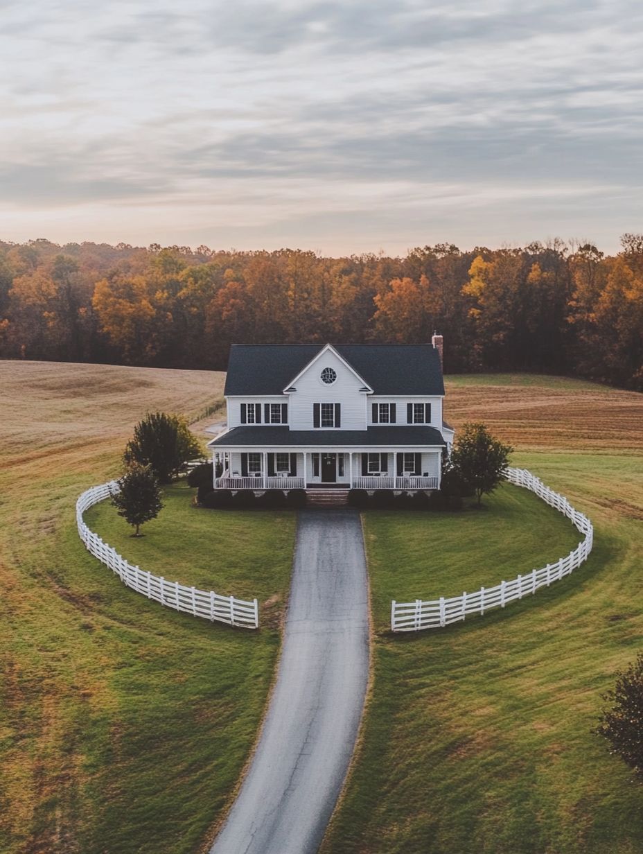 A white two-story house with a front porch sits at the end of a curved driveway, surrounded by a white fence and large grassy lawn, with trees showing fall colors in the background.