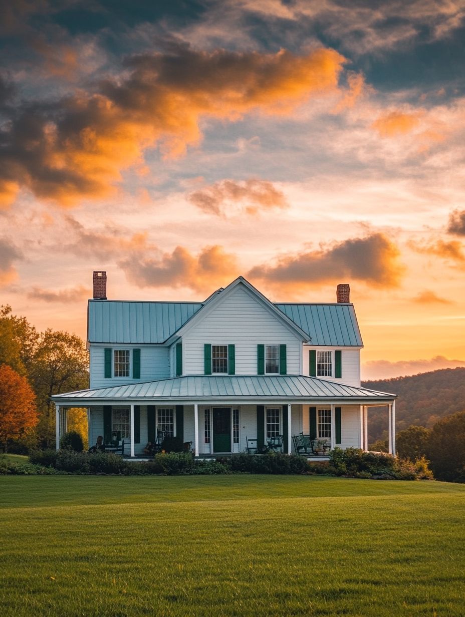 A white two-story house with a wraparound porch sits on a green lawn, with a dramatic sunset sky and trees in the background.