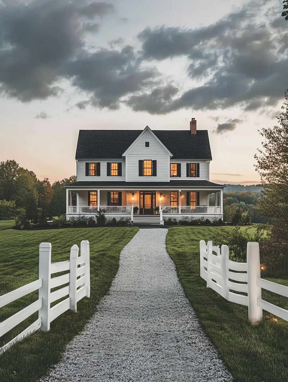 A two-story white house with a wraparound porch and black shutters sits at the end of a gravel path, surrounded by grass and white fencing under a cloudy evening sky.