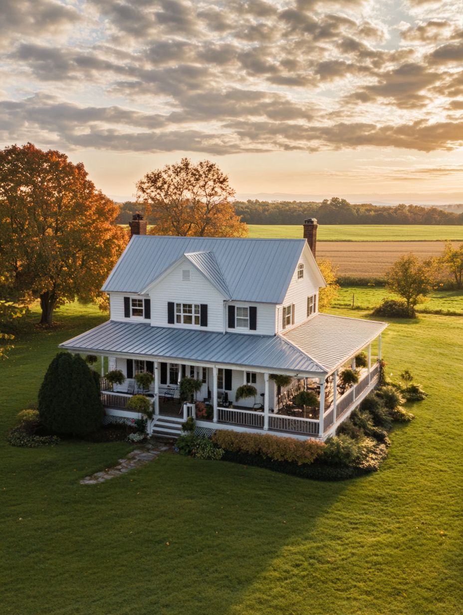 A white two-story house with a wraparound porch sits on a large grassy lawn, surrounded by trees and farmland under a partly cloudy sky at sunrise or sunset.