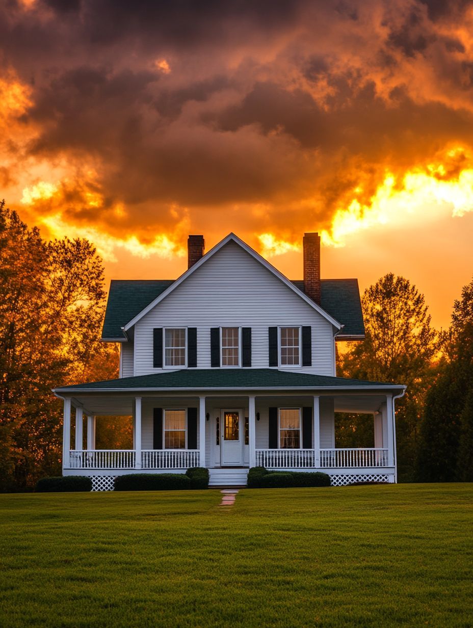 A white two-story house with a wraparound porch stands on a manicured lawn, with dramatic orange clouds and trees in the background at sunset.