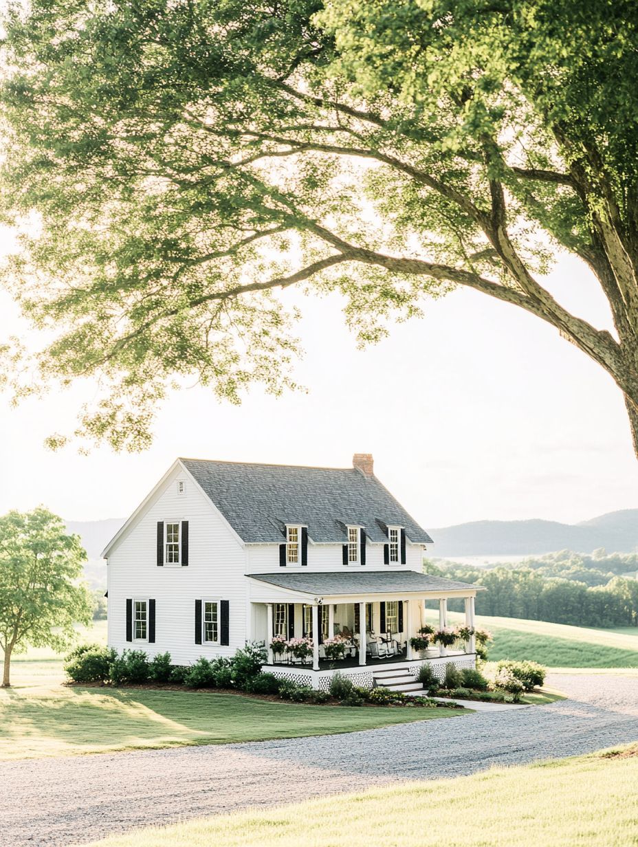 A white two-story house with a front porch sits on a green lawn under a large tree, with mountains and open fields in the background.